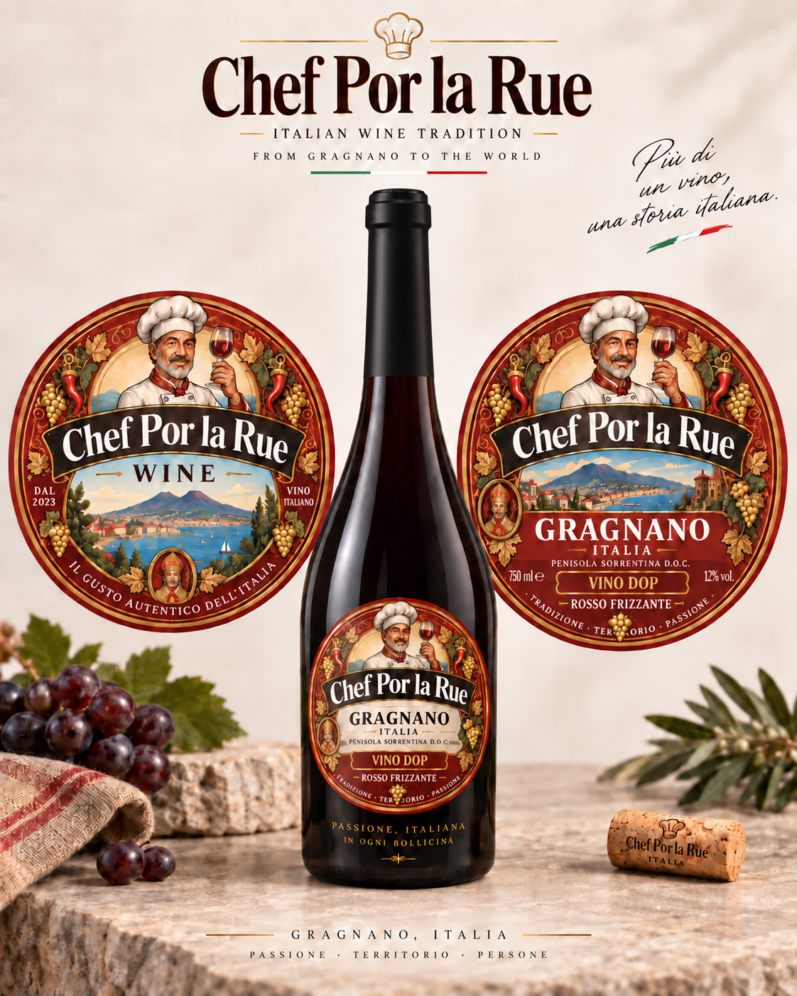 Bozza grafica della bottiglia Chef Por la Rue con tappo completamente nero e delle etichette illustrate